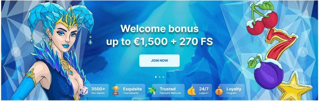 The banner promoting Ice Casino's generous welcome bonus of up to 1500 Euro and 270 free spins, enticing new players with the opportunity to maximize their starting bankroll and enjoy a thrilling gaming experience.