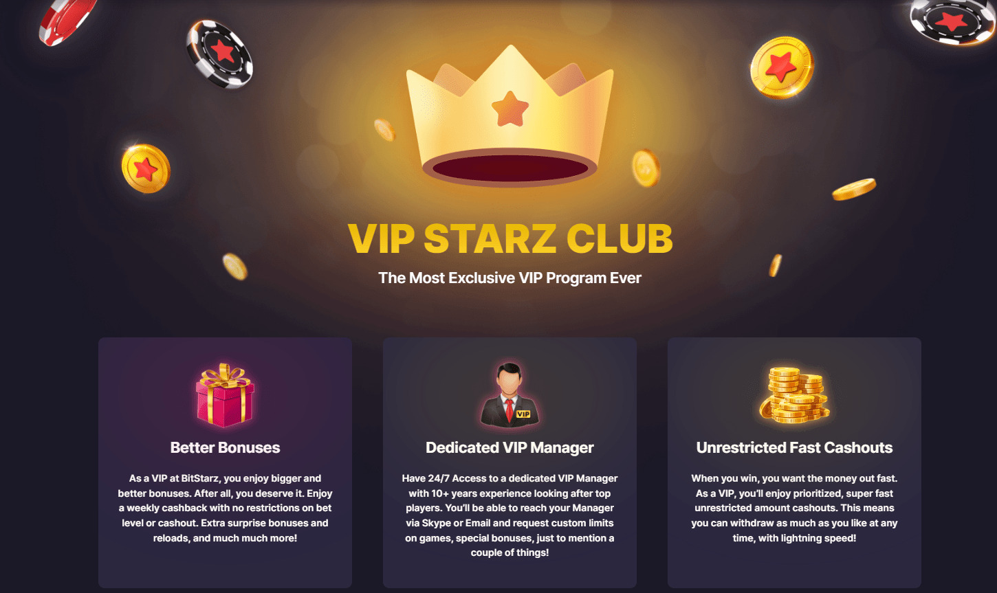 The banner showcasing Bitstarz's exclusive VIP club, offering dedicated players a range of elevated benefits and privileges for their continued engagement with the platform.