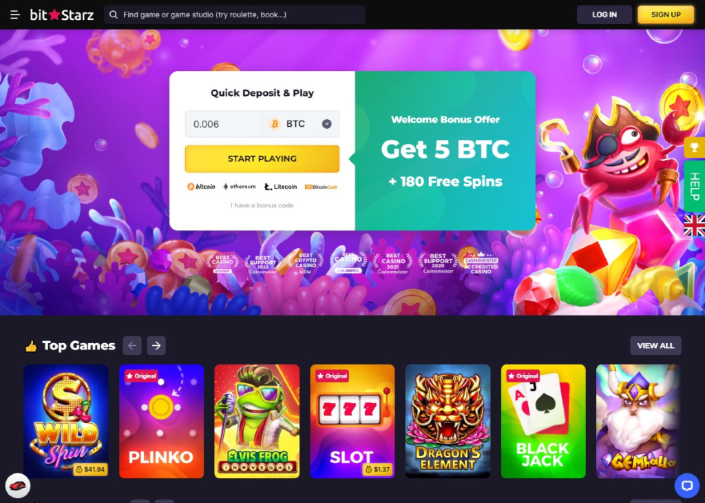 The banner highlighting Bitstarz's generous welcome bonus of up to 5 BTC and 180 free spins, enticing new players with the opportunity to maximize their starting bankroll.