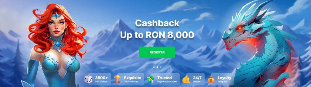 The banner highlighting Ice Casino's cashback offer, which provides players with the opportunity to receive up to 8000 RON in cashback, ensuring that players can enjoy a risk-free gaming experience.