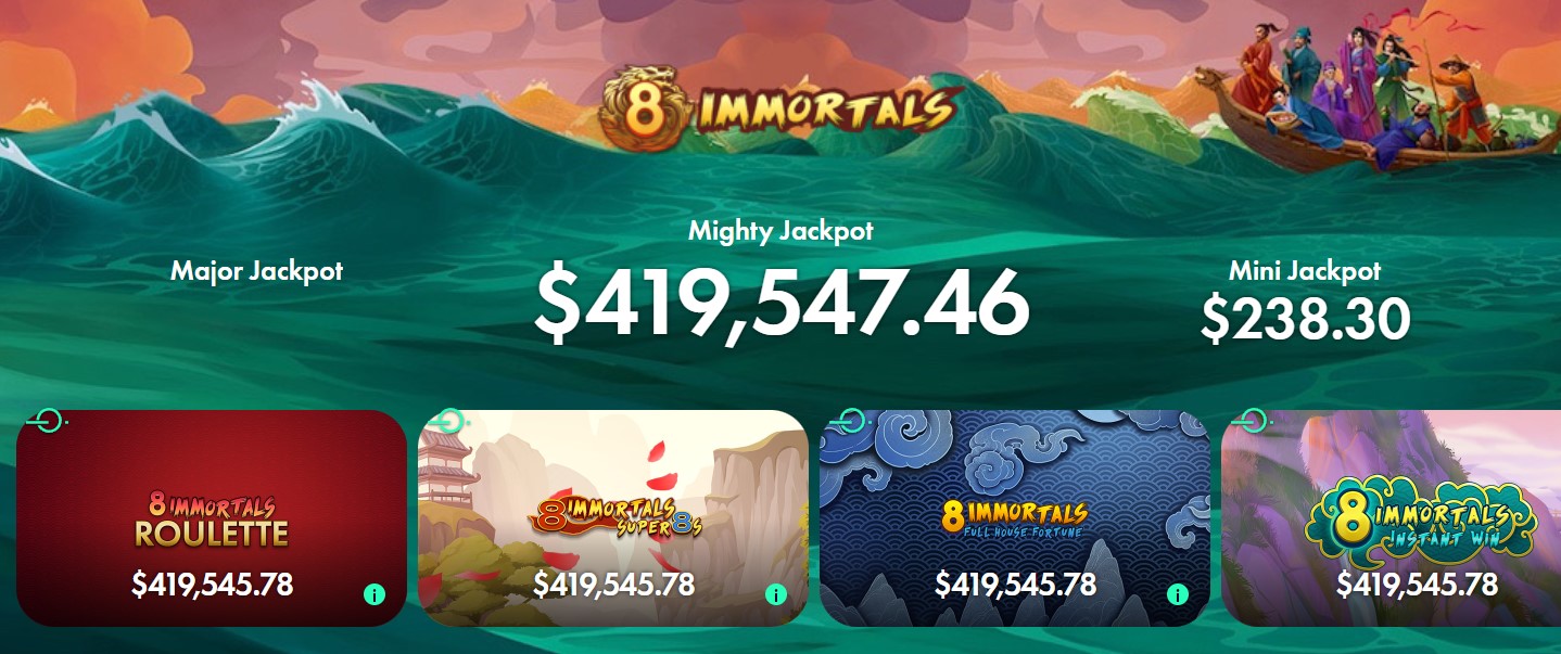 The banner promoting the Bet365 casino's exclusive "8Immortals" game, featuring a massive $420,000 jackpot and enticing players with the chance to win life-changing prizes.