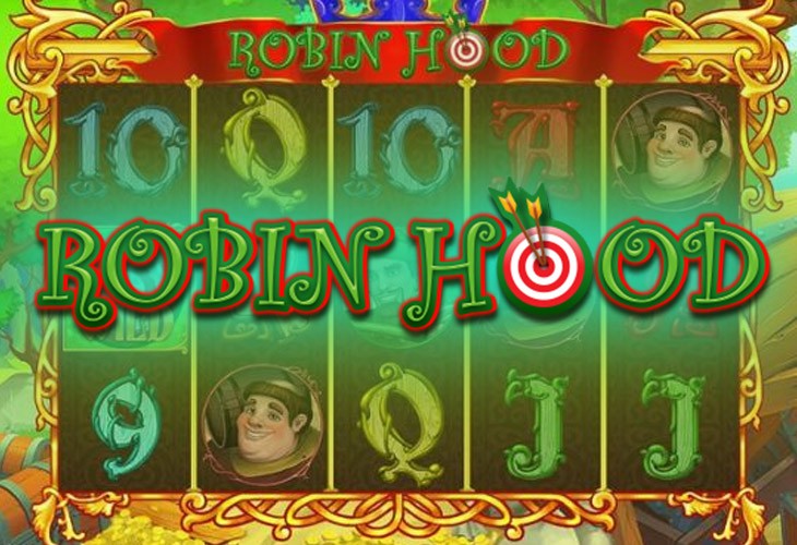 Image of a slot machine interface with "Robin Hood" written across the reels, featuring numbers, letters, and a cartoon character's face. The design is framed with ornate gold patterns.